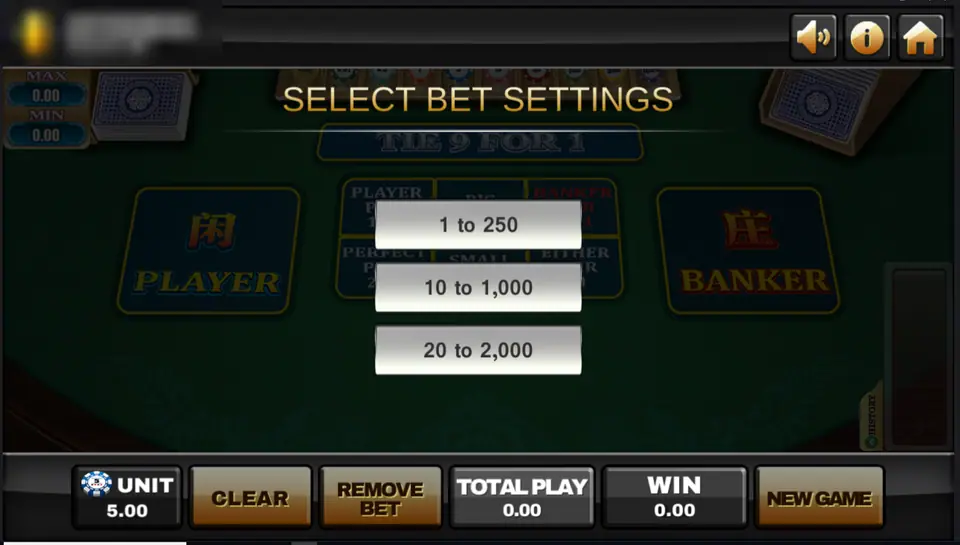 Select bet settings box on the baccarat table with three ranges: 1 to 250, 10 to 1,000 and 20 to 2,000