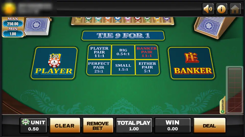 Joker123 baccarat table with a chip on Player, the side bet grid in the middle and Tie 9 for 1 across the top