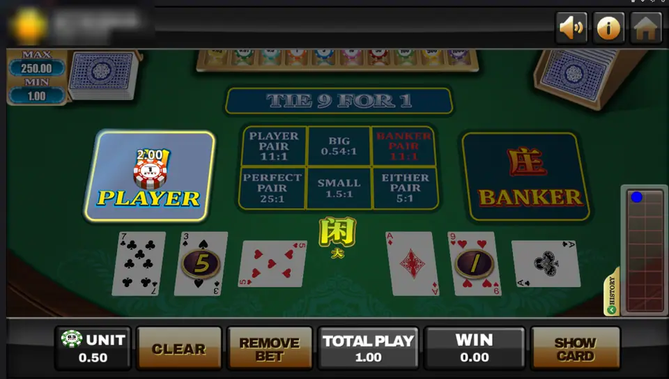 Finished baccarat hand, Player with 7, 3 and 5 against Banker with ace, 9 and ace, Player winning