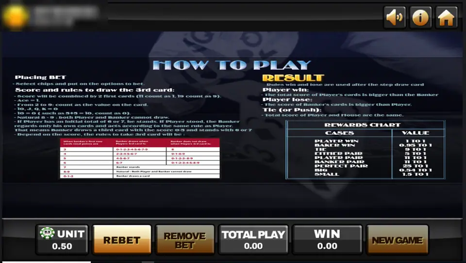 Baccarat how to play screen with the third-card table and the rewards chart