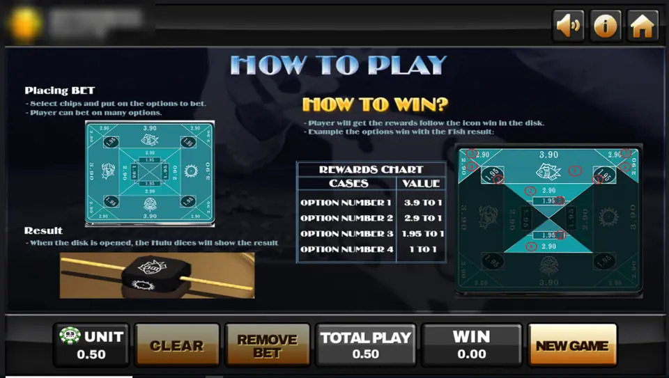 Belangkai how to play screen with the rewards chart and a diagram of the winning areas when fish comes up