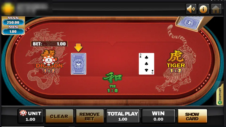 Dragon Tiger round in progress, a 1.00 bet on Dragon with its card face down and Tiger's card showing