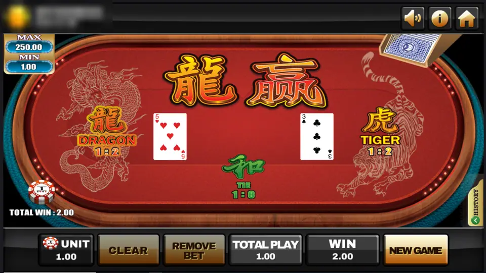 Joker123 Dragon Tiger table with a 5 of hearts for Dragon, a 3 of clubs for Tiger and the Dragon wins characters above