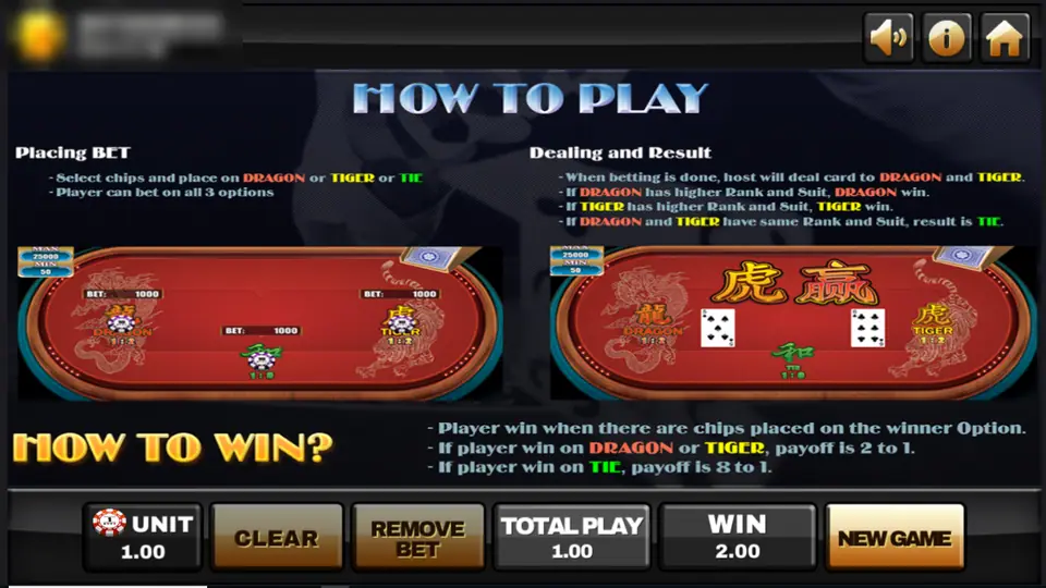 Dragon Tiger how to play screen explaining placing bets, dealing and the 2 to 1 and 8 to 1 payoffs