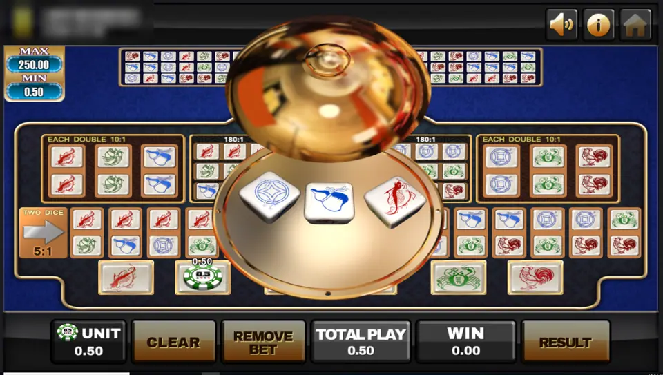 Hulu Cock dome lifted to show three picture dice, with a chip on one of the single pictures below