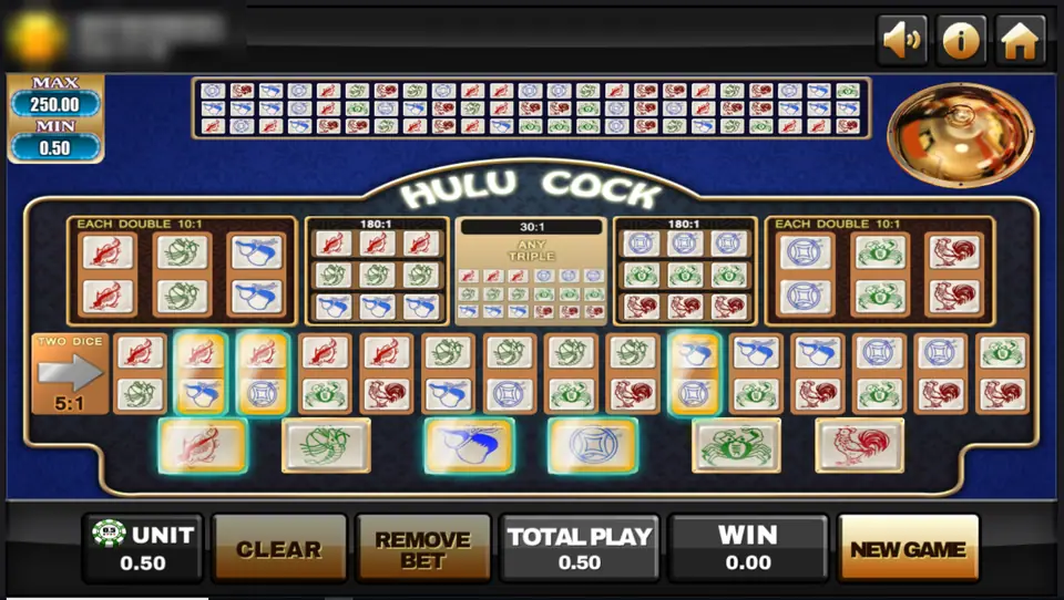 Joker123 Hulu Cock board with picture dice spots for doubles, triples, pairs and single pictures, several bets lit