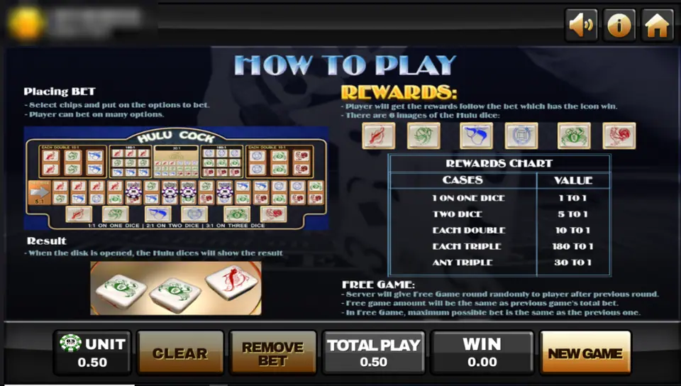 Hulu Cock how to play screen with the six pictures, the rewards chart and the free game rules