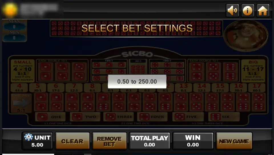 Select bet settings box on the Joker123 Sic Bo table, offering 0.50 to 250.00