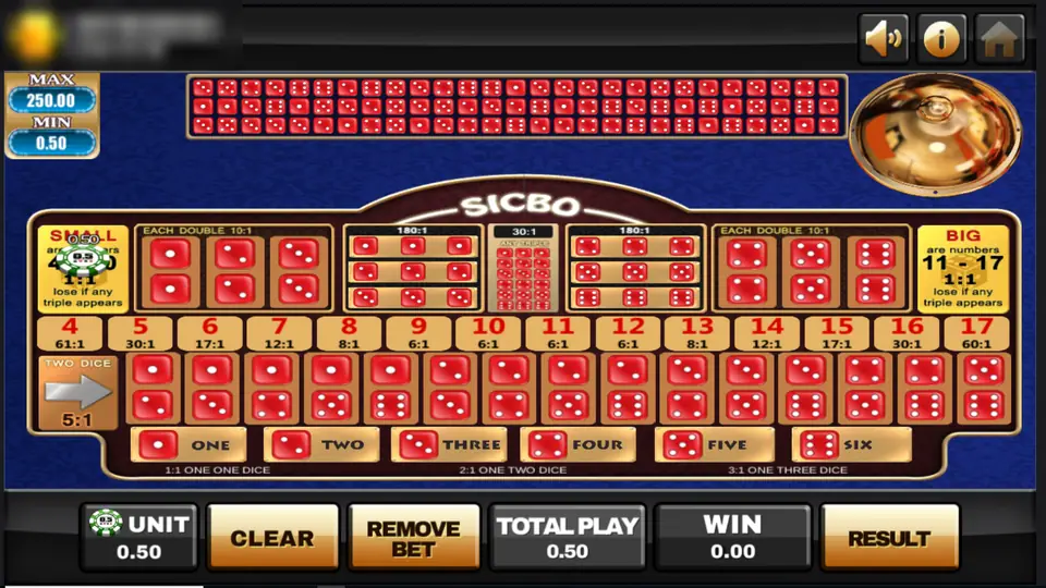 Empty Sic Bo board with the doubles, triples, totals row and single numbers, result strip along the top