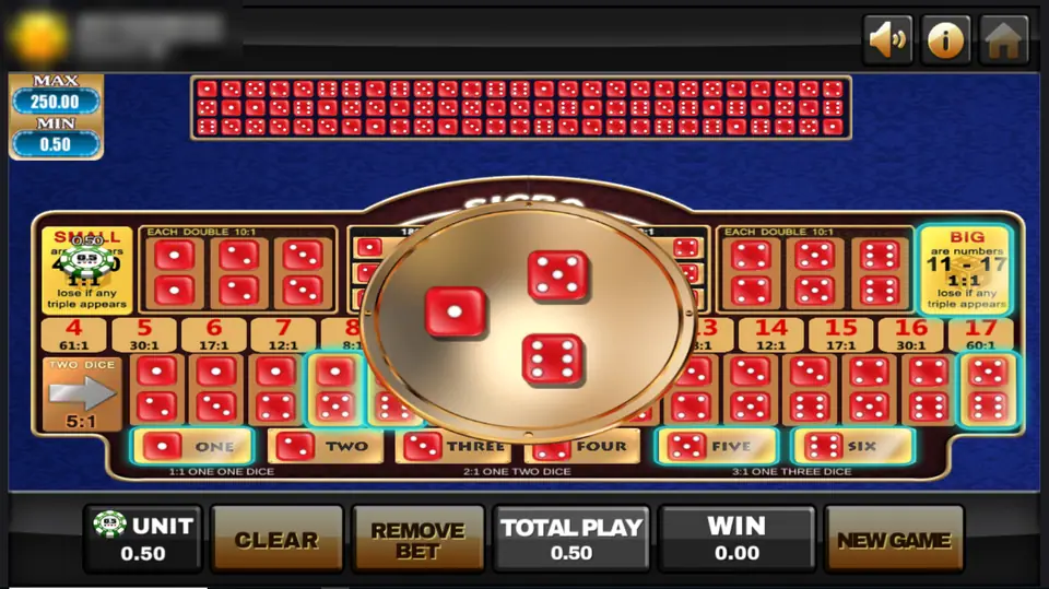 Joker123 Sic Bo board with the gold dome lifted, showing three red dice, and several bet spots lit up