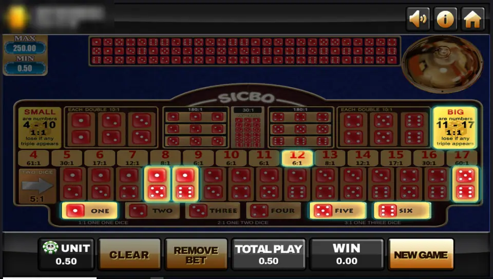 Sic Bo board with bets placed on big, the total 12, two pair combinations and the numbers one, five and six