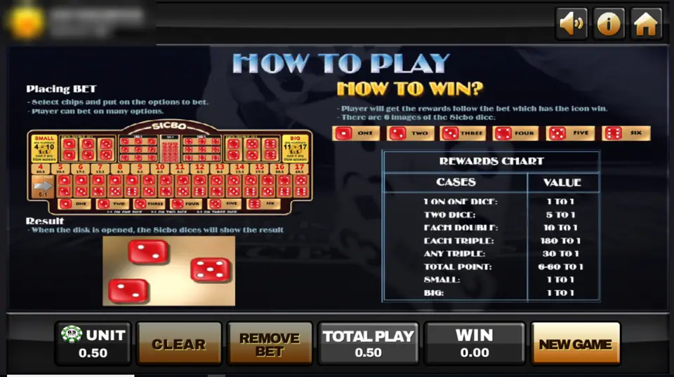 Sic Bo how to play screen with the rewards chart listing one on one dice, two dice, doubles, triples and totals