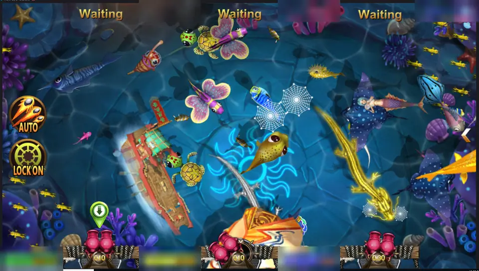Six-seat Da Sheng Nao Hai tank with a sunken junk, butterfly fish, a golden dragon fish and a web-shaped net, Auto and Lock On buttons on the left