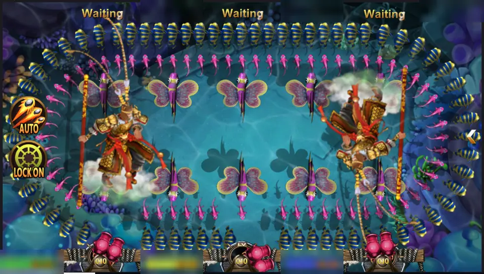 Da Sheng Nao Hai tank with two Monkey King figures holding staffs on clouds, surrounded by a ring of butterfly fish and small fish, seat balances blurred