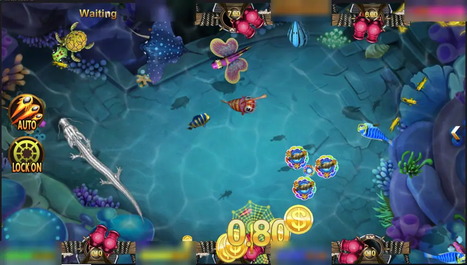 Da Sheng Nao Hai tank with a silver dragon fish, a group of bubble fish and gold coins from a small catch, seat balances blurred