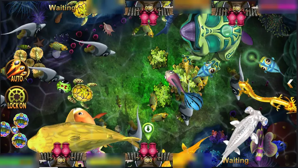 Golden Toad fishing tank with a huge green jade toad at the top, a golden fish, a silver hammerhead and turtles, Auto and Lock On buttons on the left, seat balances blurred
