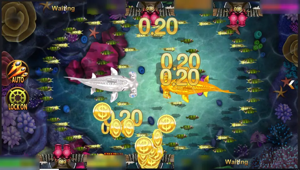 A school of small green fish crossing the tank with a silver hammerhead and a golden shark, 0.20 catches popping up in gold, seat balances blurred