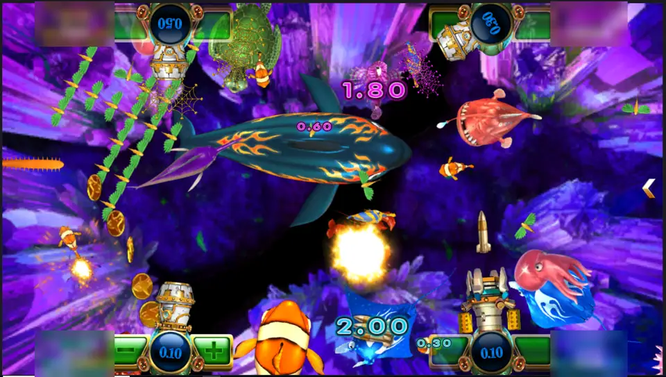 Hai Wang 2 tank in a purple crystal cave with a flame-striped whale, an anglerfish, an octopus and clownfish, a cannon in each corner, player boxes blurred