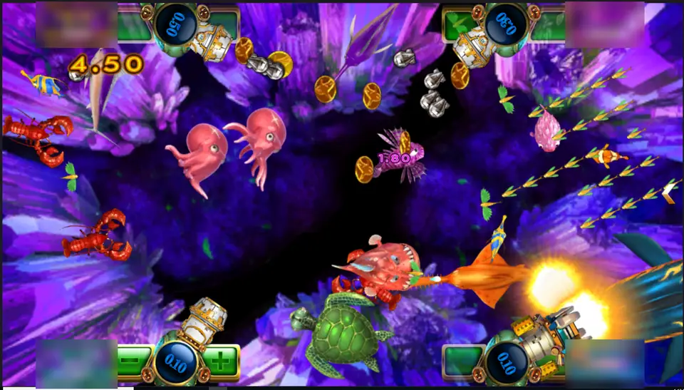 Purple crystal cave in Hai Wang with two pink octopus, red lobsters, a turtle and a flying fish, a 4.50 catch value near the top-left seat, player boxes blurred