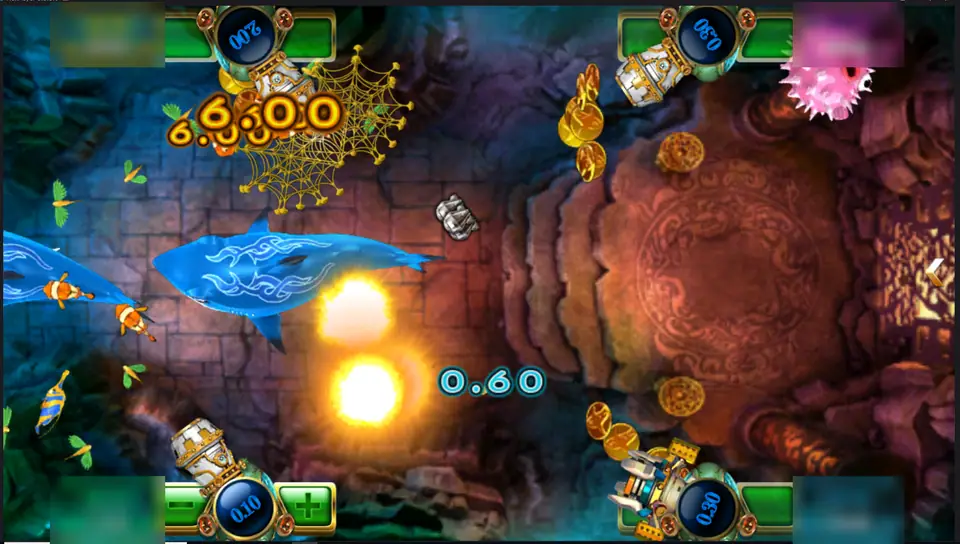 Hai Wang tank with a blue shark, clownfish and a golden net hit, a 0.60 catch value in the middle and gold coins by the top-right cannon, player boxes blurred