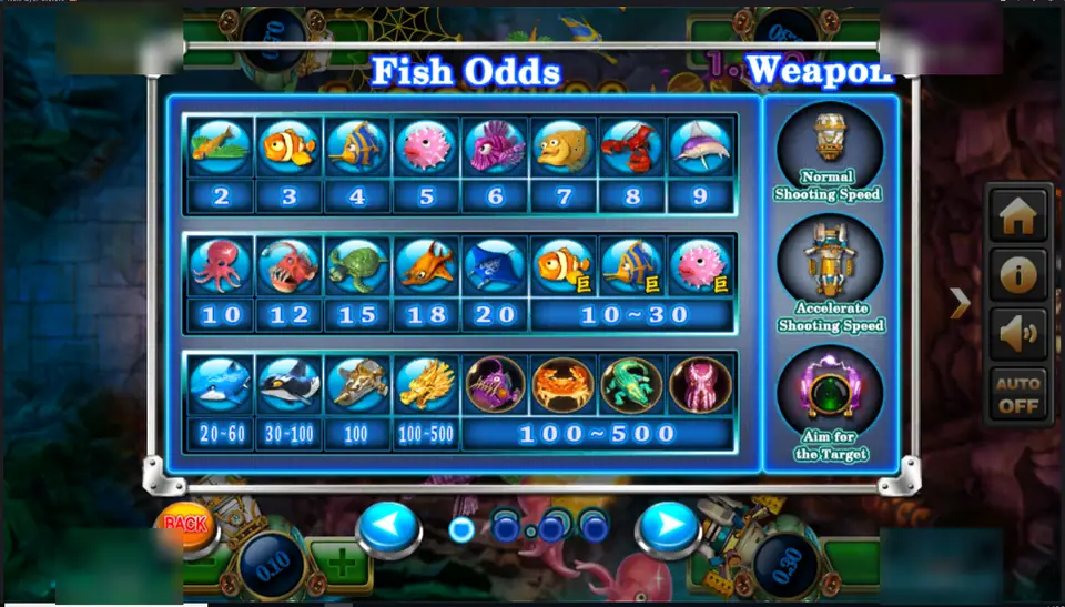Hai Wang Fish Odds page listing fish from 2 to 20 times the bet, bonus fish at 10 to 30, a shark at 20-60, killer whale 30-100, a mechanical fish at 100, a golden dragon at 100-500 and four special creatures at 100-500, with three weapon modes on the right