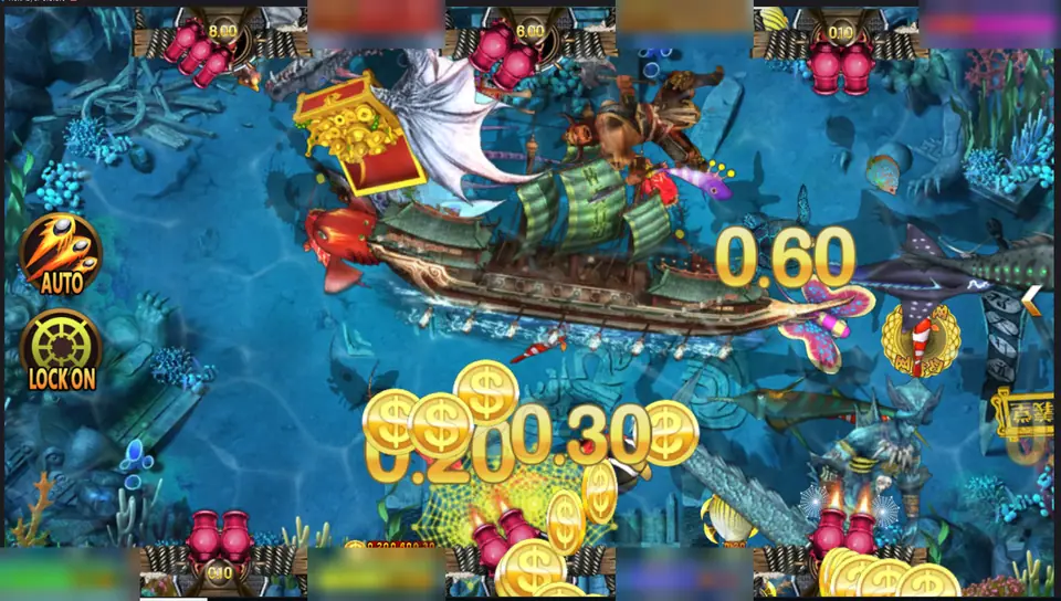 Li Kui Pi Yu tank with a green-sailed treasure junk, an open chest of gold coins, a winged dragon and a horned sea warrior, catch values in gold, seat balances blurred