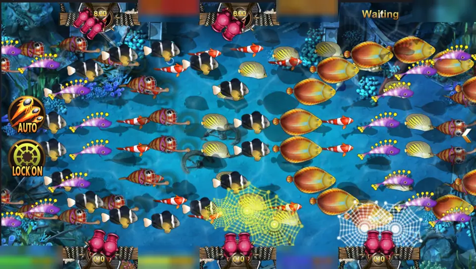 Li Kui Pi Yu tank packed with a fish tide of clownfish, koi, butterflyfish and purple fish, two web-shaped nets where shots landed, seat balances blurred