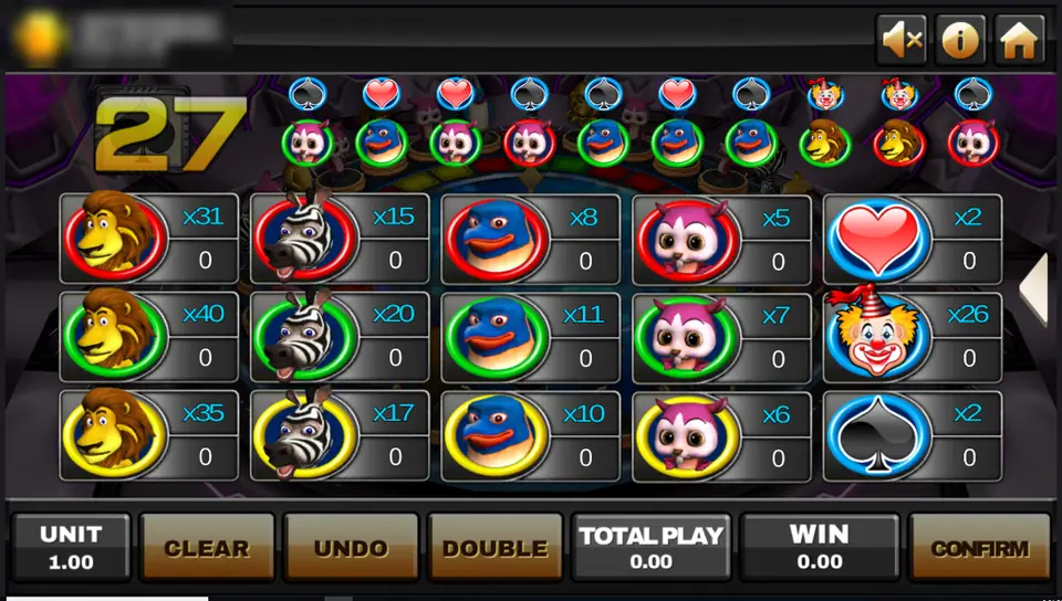 Animal Party betting board with a countdown of 27, lion, zebra, penguin and owl spots in red, green and yellow rings, plus heart, clown and spade
