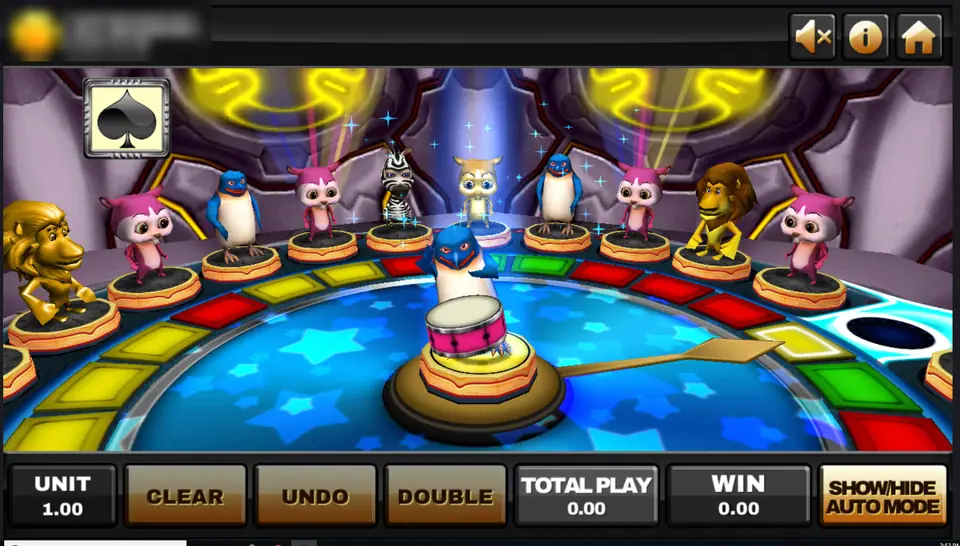 Animal Party stage with cartoon lions, zebras, penguins and pink owls on a coloured ring, a penguin drumming in the centre next to the pointer
