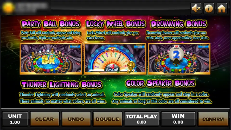 Animal Party help page describing the Party Ball, Lucky Wheel, Drumming, Thunder Lightning and Color Speaker bonuses