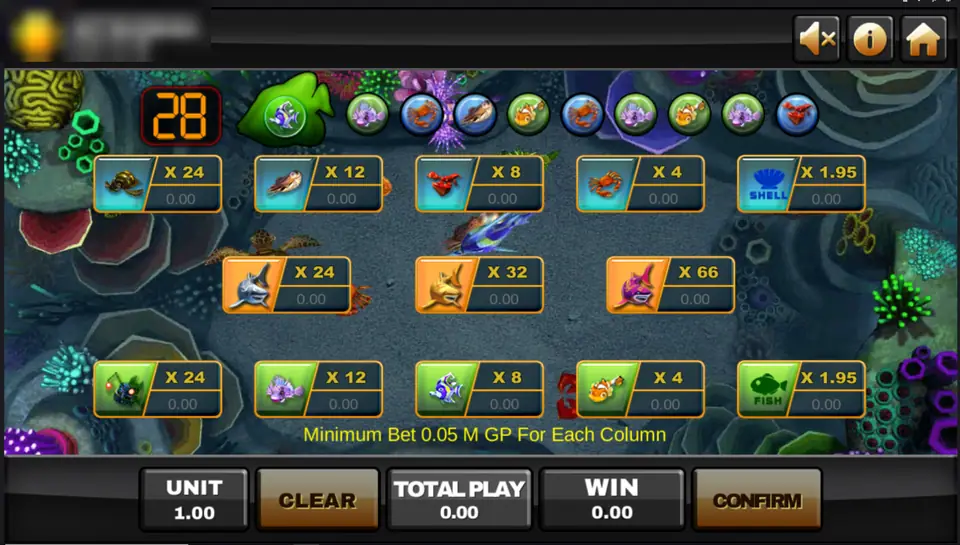 Golden Shark betting board with a countdown of 28, a row of shellfish bets, three shark bets in the middle and a row of fish bets, each with its odds