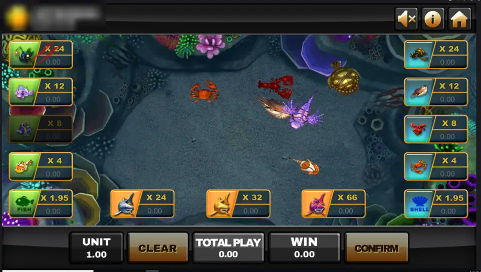 Golden Shark tank during the draw, with bet spots down both sides, sharks along the bottom and a crab, lobster, turtle and fish swimming in the middle
