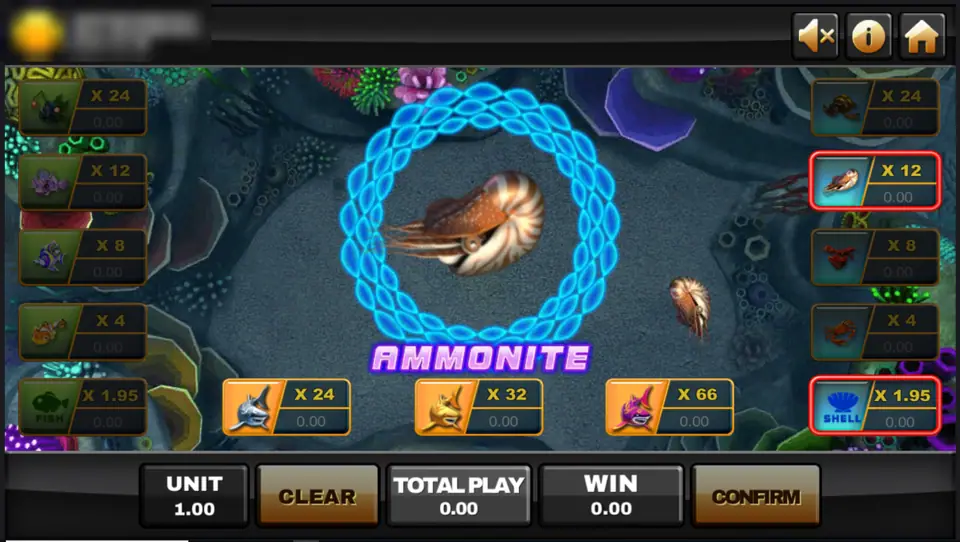 Golden Shark tank with an ammonite inside a glowing blue ring and the word AMMONITE below, bet spots with odds around the edges