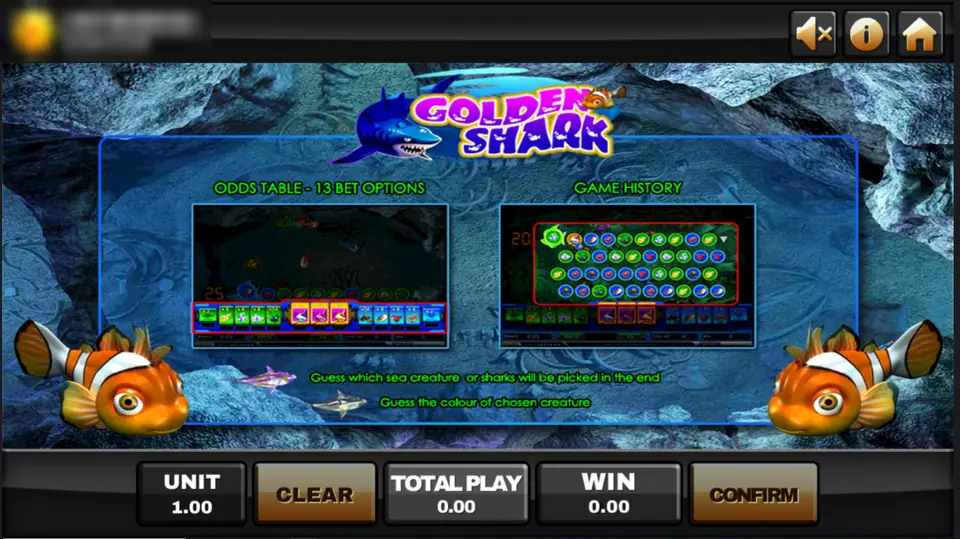 Golden Shark help screen showing the odds table with 13 bet options and a game history grid, two cartoon clownfish on either side