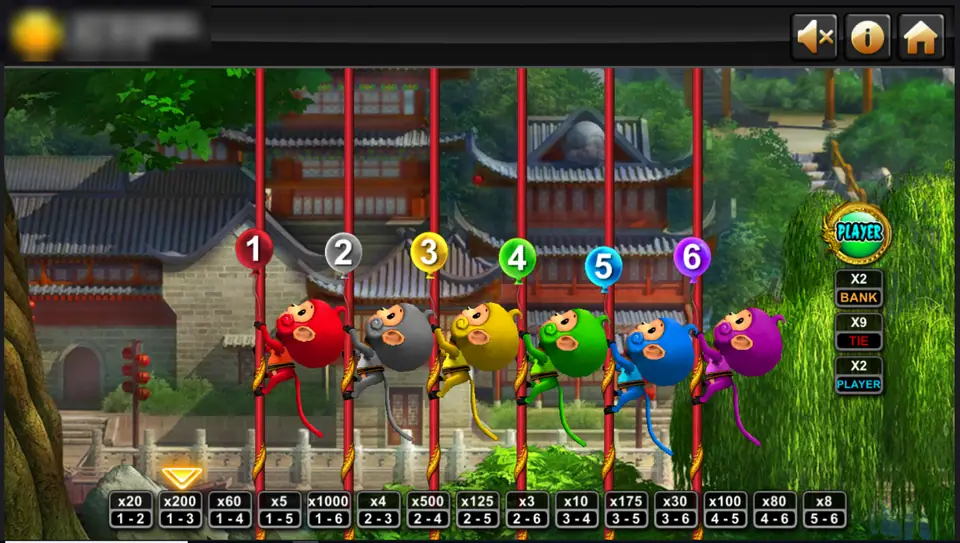 Six monkeys in red, grey, yellow, green, blue and purple at the bottom of six red poles, numbered balloons above them, a temple in the background