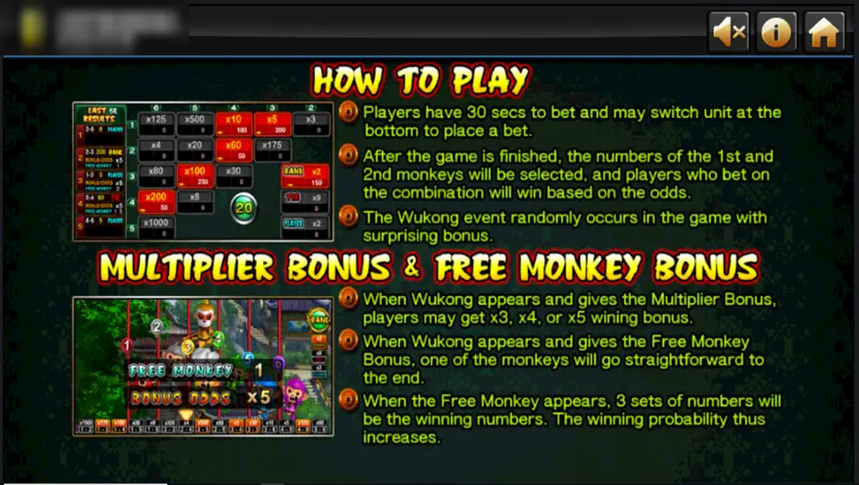 Hou Zi Pa Shu How to Play page explaining the 30 second betting window, the pair result, and the Multiplier Bonus and Free Monkey Bonus