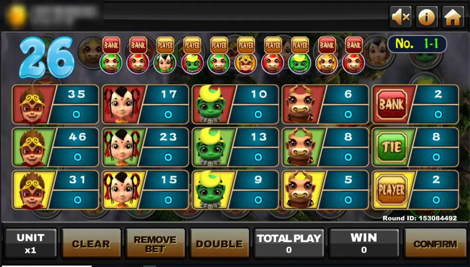 Jue Zhan Tian Xia betting board with a countdown of 26, twelve character spots in red, green and yellow with numbers from 5 to 46, plus Bank 2, Tie 8 and Player 2