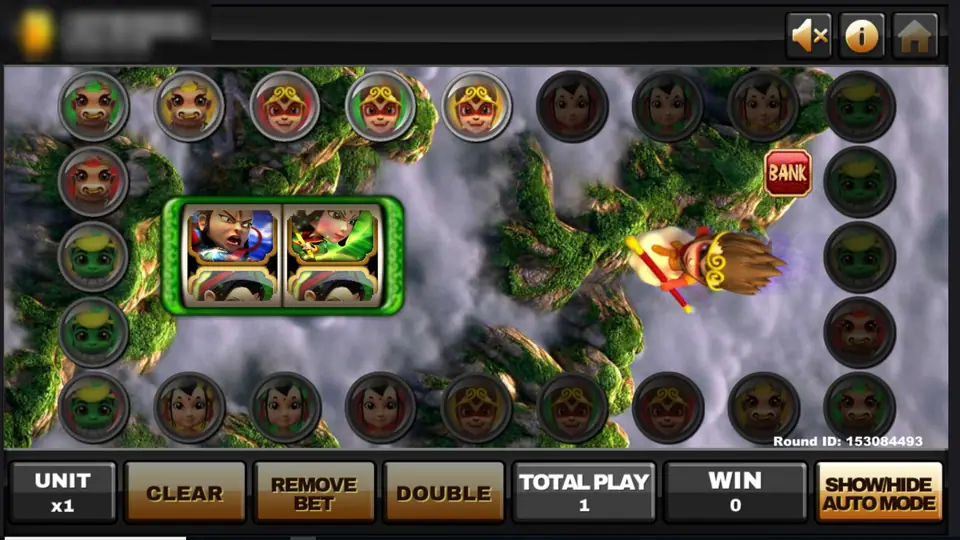 Jue Zhan Tian Xia ring of round character portraits on a cloudy mountain background, Sun Wukong flying on his staff and a two-panel battle window on the left