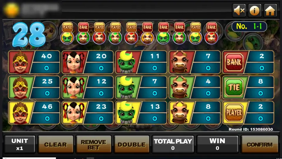 Zhan Wu Bu Shen betting board with a countdown of 28, Sun Wukong, the ribbon girl, the green goblin and the bull demon in red, green and yellow, and Bank, Tie and Player on the right
