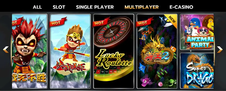 Joker123 lobby with tabs All, Slot, Single Player, Multiplayer and E-casino above game tiles including Lucky Roulette, Hai Wang 2 and Animal Party