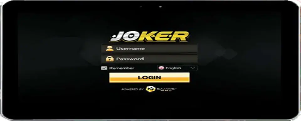 Joker123 login screen on a tablet with Username and Password fields, a Remember checkbox, an English language picker, a yellow LOGIN button and a Powered by logo underneath