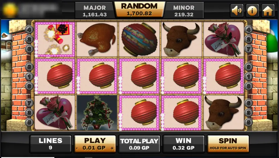 Happy Party reels with red lanterns lit up across the middle row and reels two to four of the bottom row