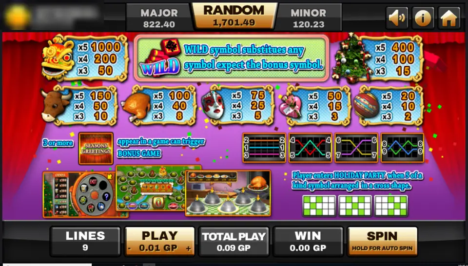 Happy Party pay table: lion dance head, Christmas tree, bull, turkey, mask, heart and lantern values, WILD rules, bonus previews and the nine line patterns