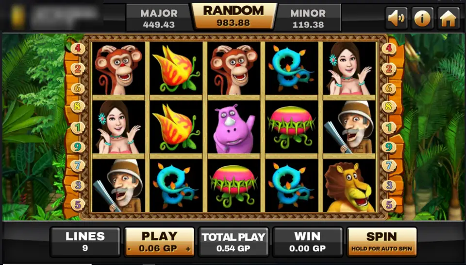Huga reels with a monkey, fire flowers, a pink rhino, a jungle girl, a hunter in a pith helmet and a cartoon lion