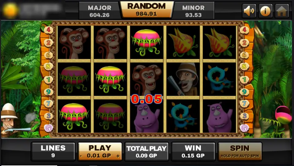 Huga reels with a small 0.05 win shown in red over the monkey, and the cartoon hunter aiming his shotgun at the left edge