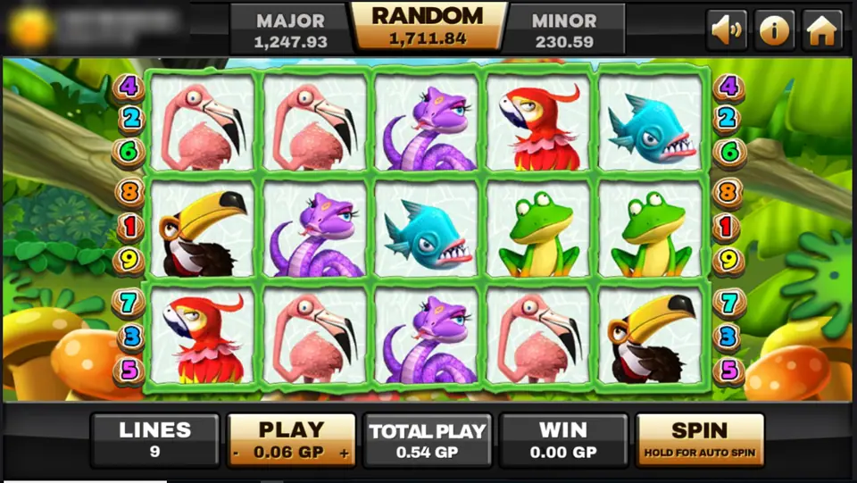 Jungle Island reels with flamingos, a purple snake, parrots, a toucan, green frogs and blue piranhas on a leafy background
