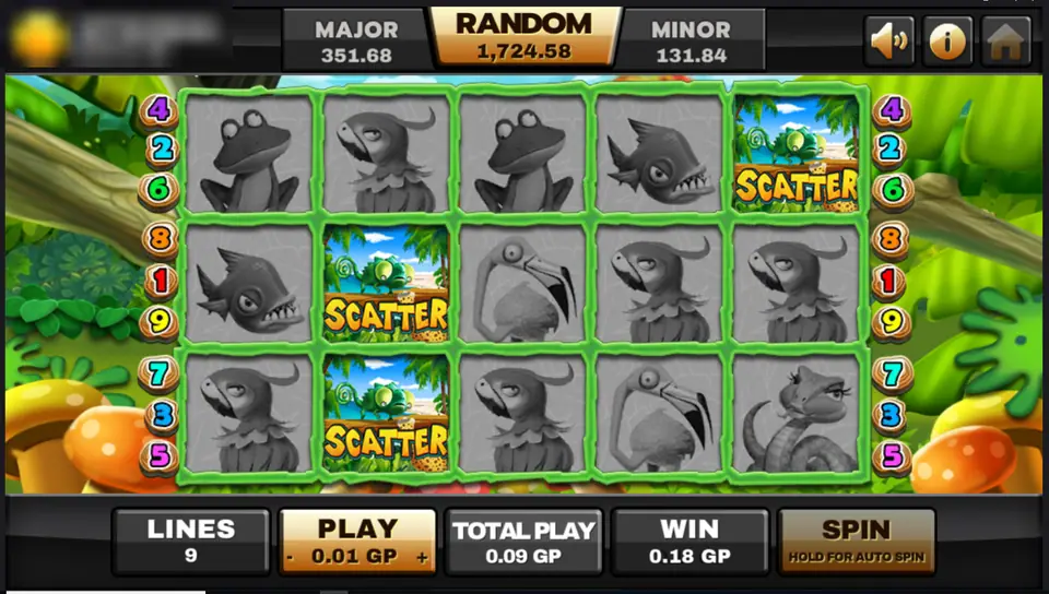 Jungle Island reels greyed out except three chameleon SCATTER tiles on reels two and five