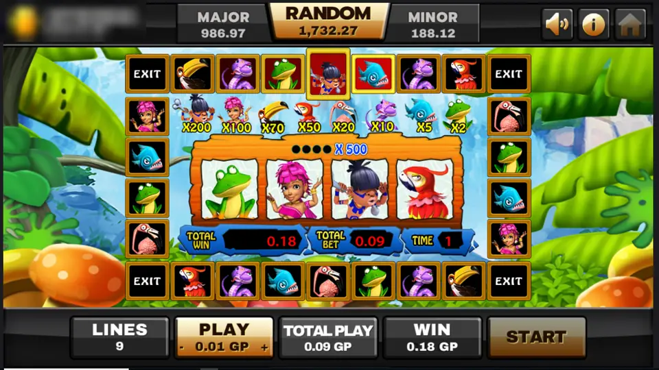 Jungle Island bonus board: a border of animal tiles with four EXIT corners, a multiplier row from x200 to x2, four centre reels, TOTAL WIN, TOTAL BET and TIME