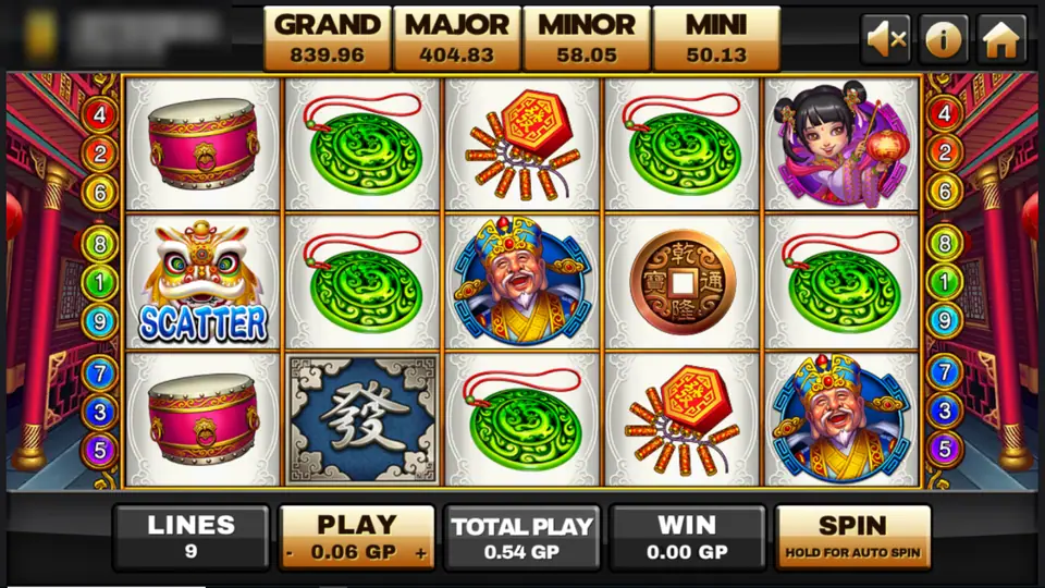Lucky God 2 reels with a lion dance SCATTER on the first reel and a blue Fa tile on the second