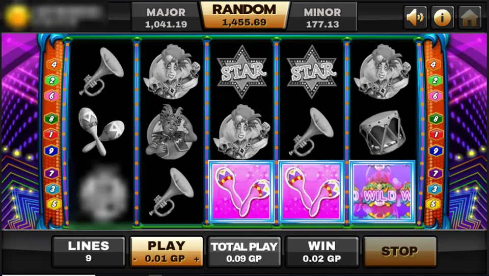 Mamma Mia reels greyed out except a line of two pink maracas and a WILD tile along the bottom row, with a 0.02 win